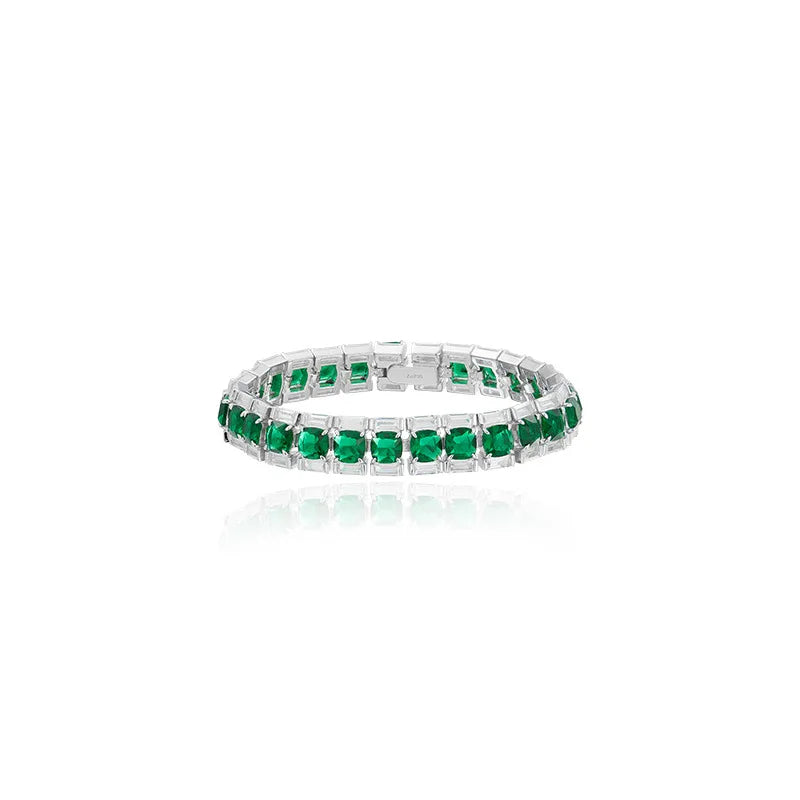 Forest Style Sterling Silver Simple Single Row Full Diamond Green Spinel Tennis Chain Bracelet