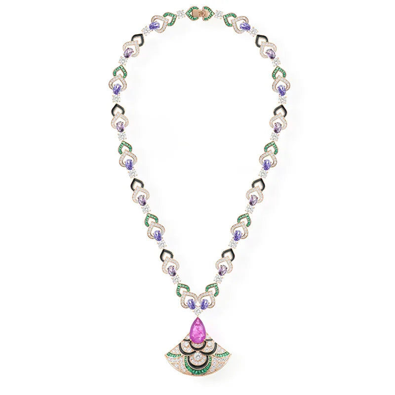 Fashionable Women's Zircon-Inlaid Brass Necklace with Zircon Fan-Shaped Pendant Champagne Gold for Wedding Anniversary Gift