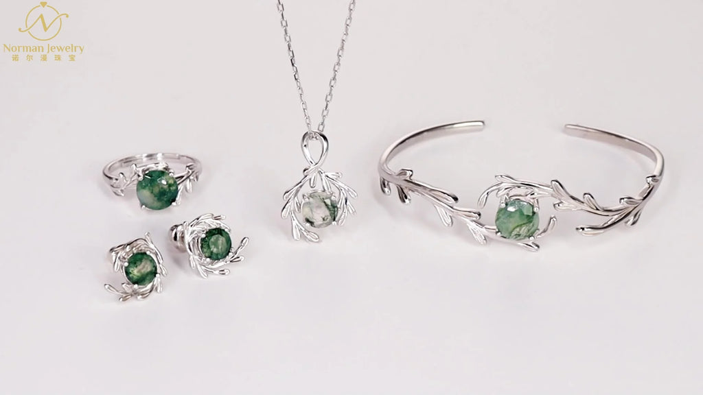 European American Style 925 Silver Cross-Border New Green Moss Stone Fine Stud Earrings Women's Aquatic Plants Agate Gold