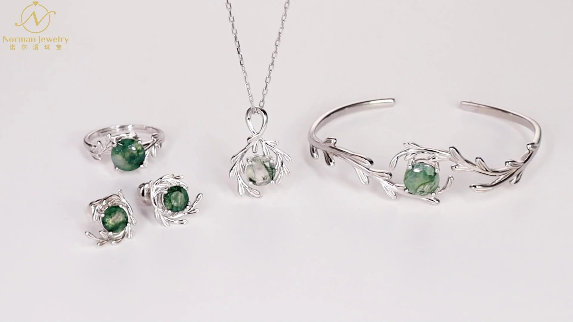 European American Style 925 Silver Cross-Border New Green Moss Stone Fine Stud Earrings Women's Aquatic Plants Agate Gold