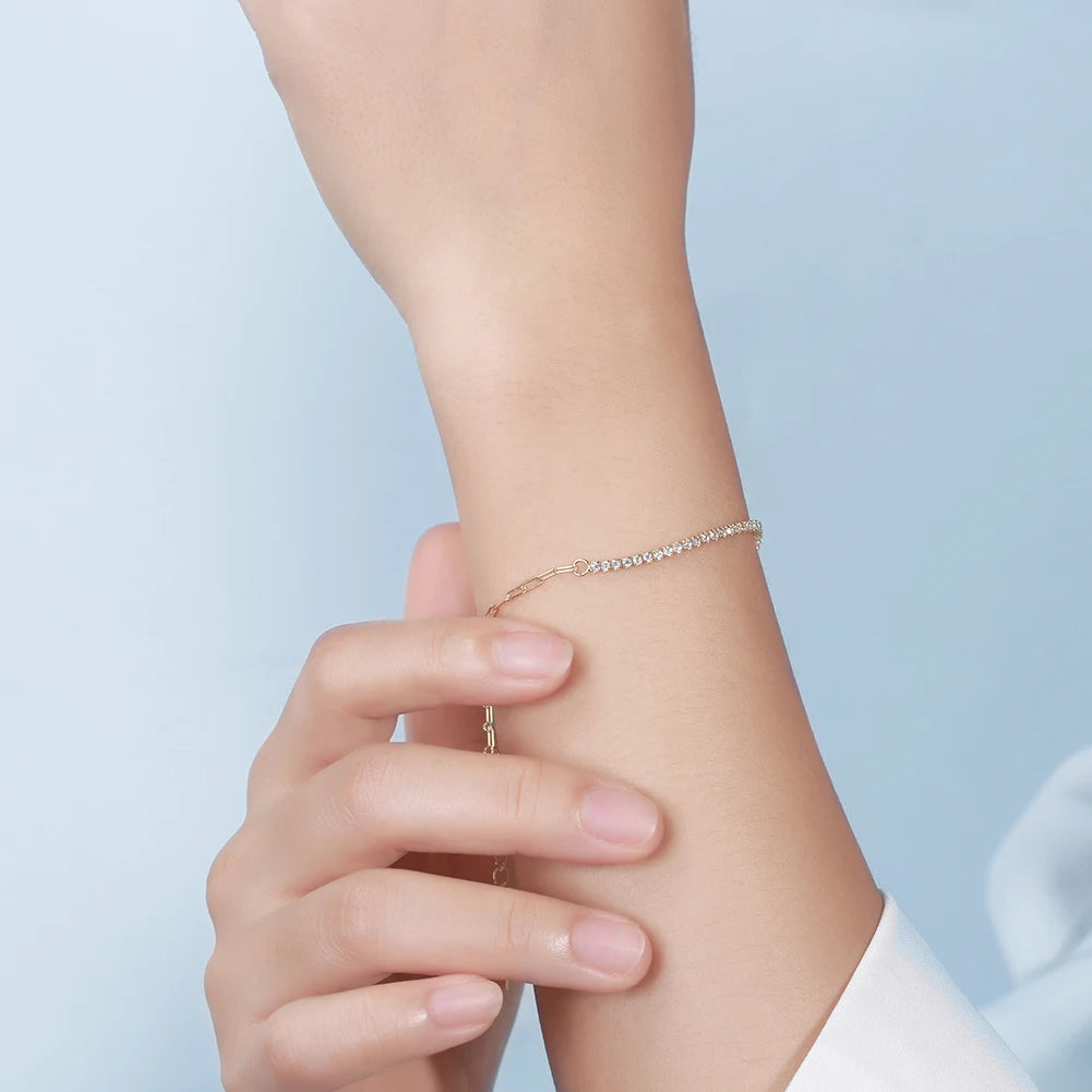 Wholesale SB141 925 Sterling Silver Jewelry Half Tennis Bracelet CZ 14K Gold Plating Ball Shape Pattern Half Paperclip Zircon