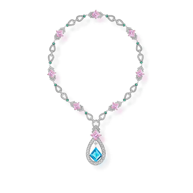 Exquisite Natural Sapphire Necklace Retro Water Droplet Pendant Geometric Gold Jewelry Women's Engagement Rhodium