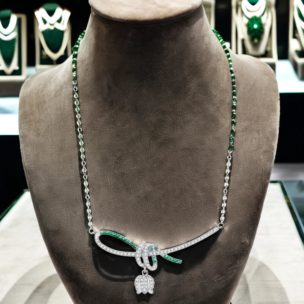 Collection 925S Fine Women's Necklace Spring Bells 5A Zirconia Rhodium Plated Pendant 925 Sterling Weddings Parties