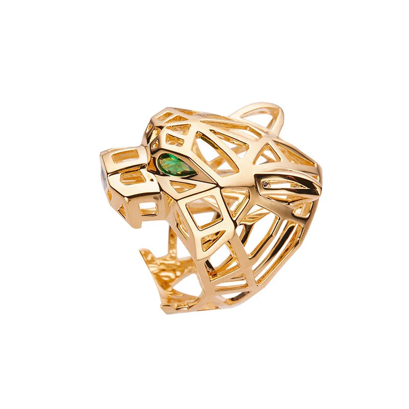 Women's Trendy Gold-Plated Brass Leopard Zircon Ring Creative Fashion Tarnish-Free Jewelry with Bezel Setting Inlay