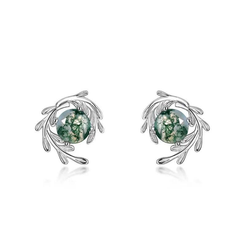 European American Style 925 Silver Cross-Border New Green Moss Stone Fine Stud Earrings Women's Aquatic Plants Agate Gold