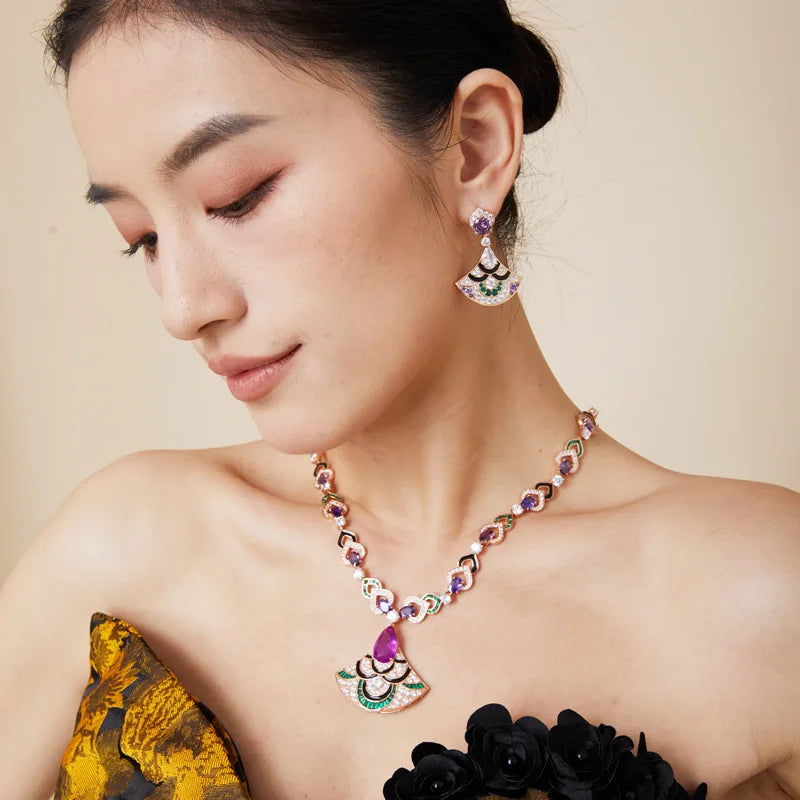 High-End Elegant Ladies Evening Dangle Earrings New Violet Fan-Shaped Gold-Plated Black Glaze for Foreign Trade Cross-Border