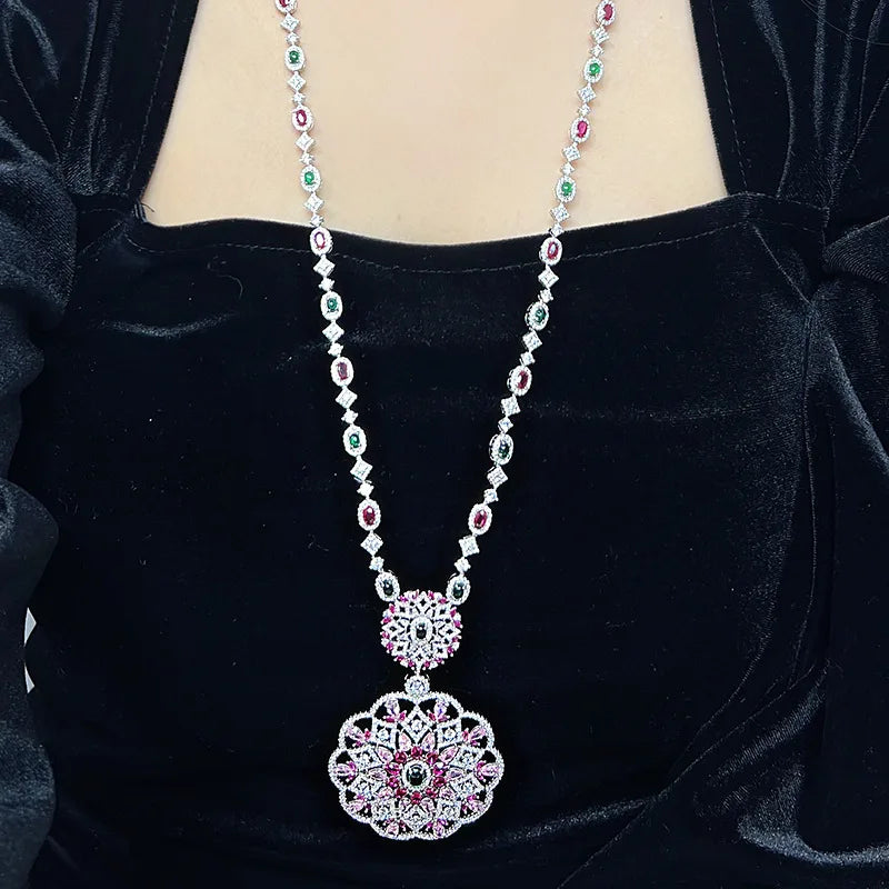 Rhodium Plated Women's Pendant Necklace with Zirconia Inlay Fashionable Luxurious for Wedding Party Evening Wear Sweater Chain