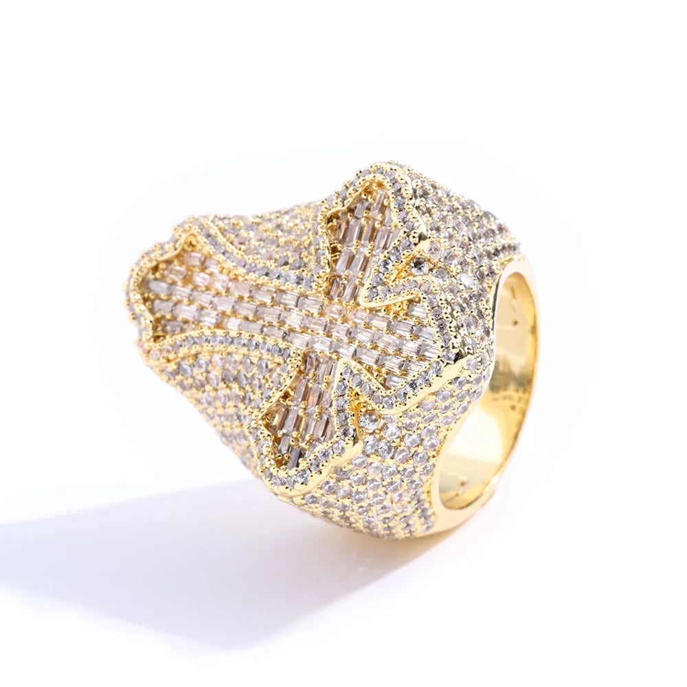 Fashion Jewelry Iced Out Diamond Crass Ring Full Pave Shiny Zircon Silver Cross Ring for Men and Women's Gift Hip Hop Jewelry