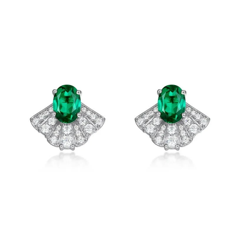 European American Elegant Cross-Border S925 Silver Fine Stud Earrings Cute Fan-Shaped Brilliant Cultivated Emerald Full Set
