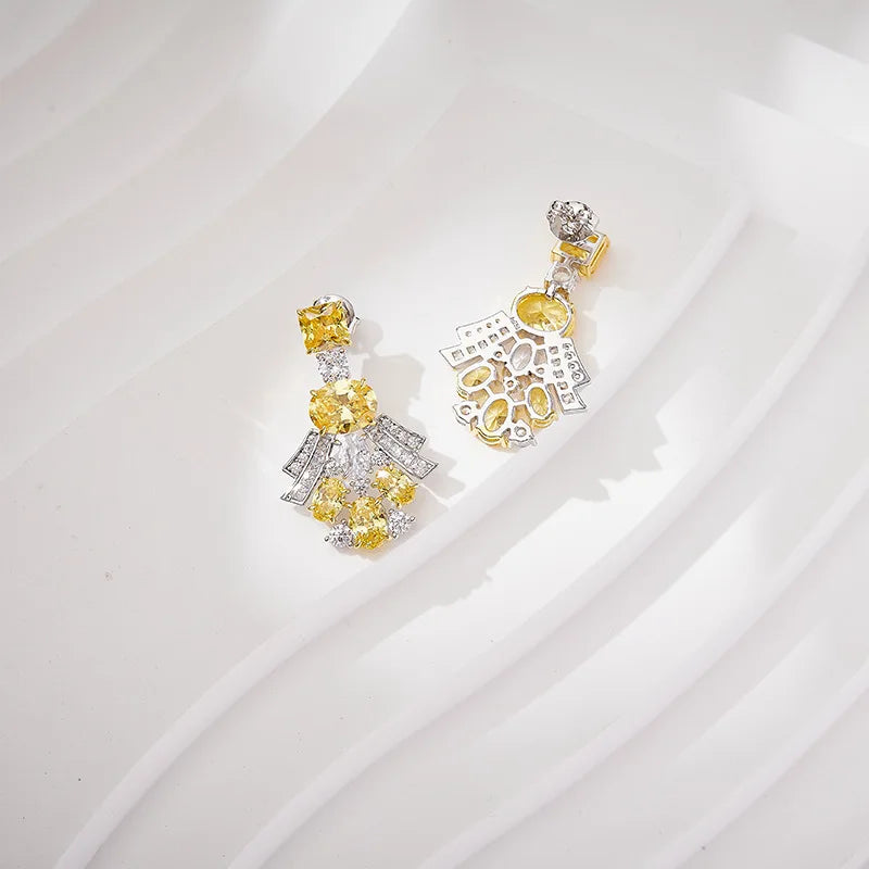 18K Gold-Plated European American Style Yellow Diamond Earrings High-End Luxurious Square Diamonds Medium Long Drop Women's