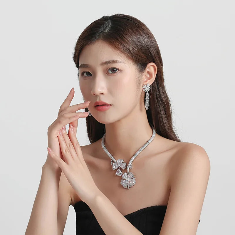 18K Gold Four-Flower Earrings with Full Zircon Inlay Trendy Wedding Attire for High-End Fashion Socialite Evening Parties