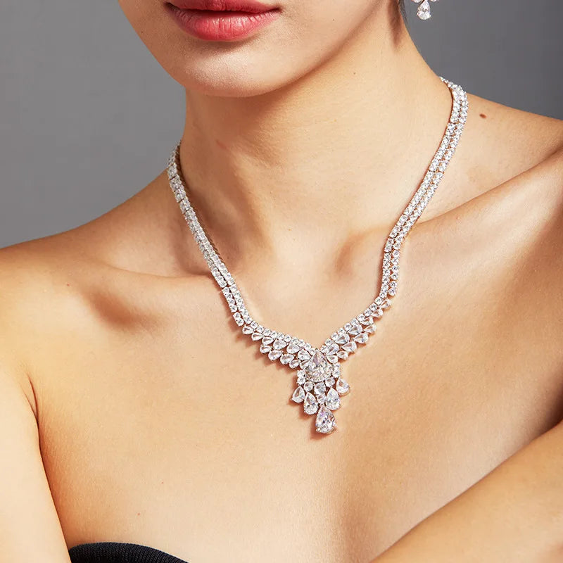 Rhodium Private Custom Fashionable Women's Marquise Shaped Zircon Necklace with a Luxurious Design and Collarbone Chain