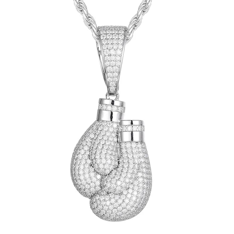 S925 Silver Inlaid Moissanite Pendant Unisex Boxing Gloves Bamboo Chain High Quality European American Trendy Hip Hop Parties