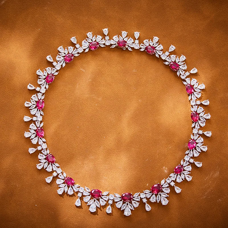 Hot Selling 18K Gold-Plated Horse Eye Red Gemstone Necklace Luxurious Saudi Ultra-Bright Zircon Trendy Brass for Weddings