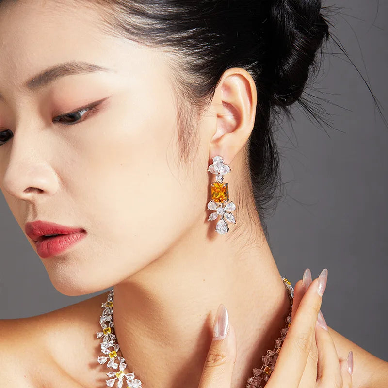 Fashion Handmade 18K White Gold Plated Jewelry Luxury Yellow Diamond Stud Earrings for Women