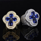 Blue Gemstone Flower Shape Rings White Gold Plated Hip Hop Style Iced Four Leaf Diamond Ring for Women Made Brass for Engagement