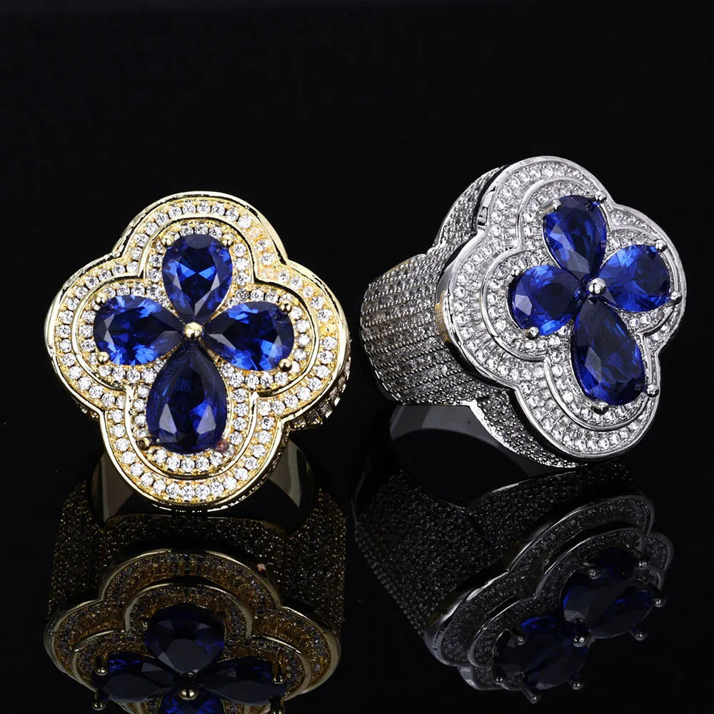 Blue Gemstone Flower Shape Rings White Gold Plated Hip Hop Style Iced Four Leaf Diamond Ring for Women Made Brass for Engagement