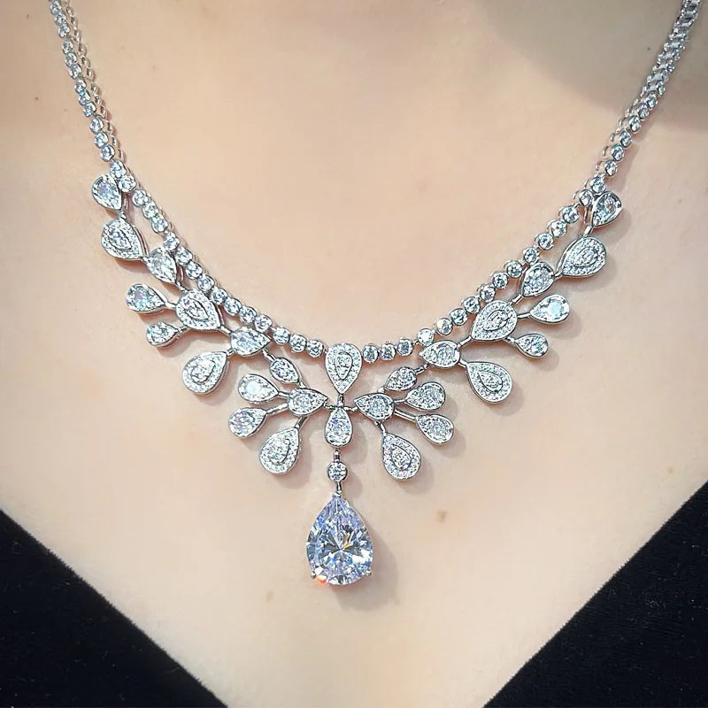 Luxury High-End Women's Water Droplet Blue Diamond Pendant Necklace Trendy Party Accessory Made of Brass with Cubic Zirconia