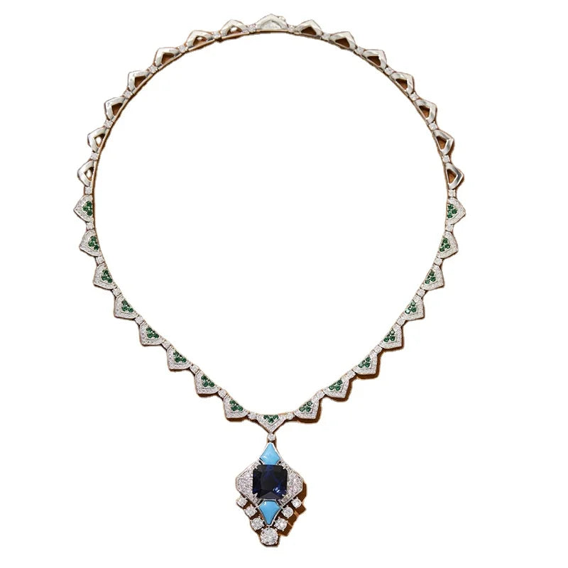 Luxurious Handmade Diamond Necklace Rhodium Plated Original Design Aquamarine Gemstone Collarbone Chain Weddings Red Carpet