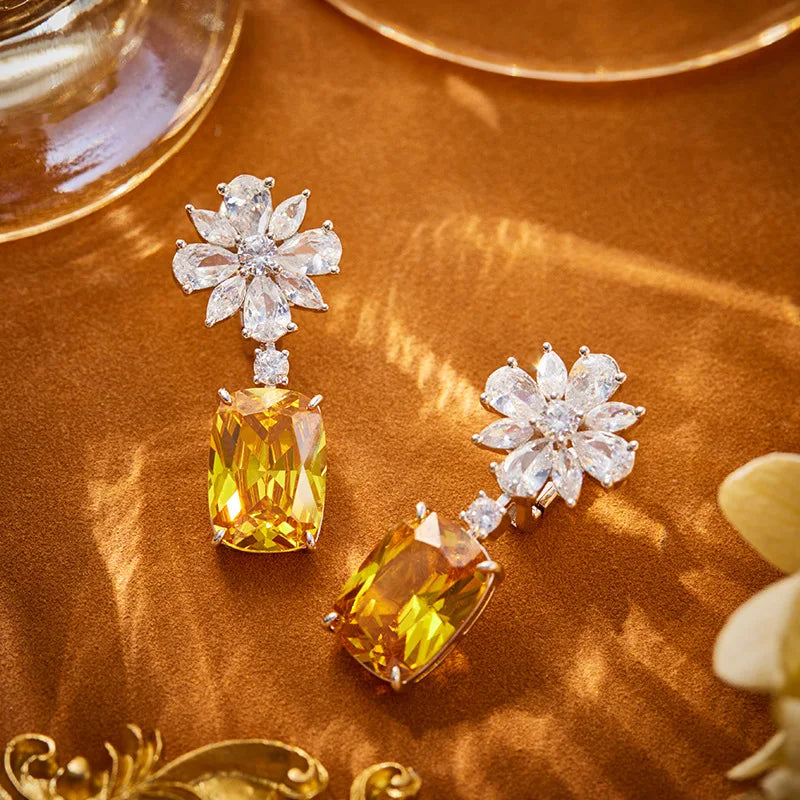 18K Gold-Plated Fine Dangle Earrings Gentle Pink/Yellow Square Diamond Geometric Petal Designs Stylish Atmospheric