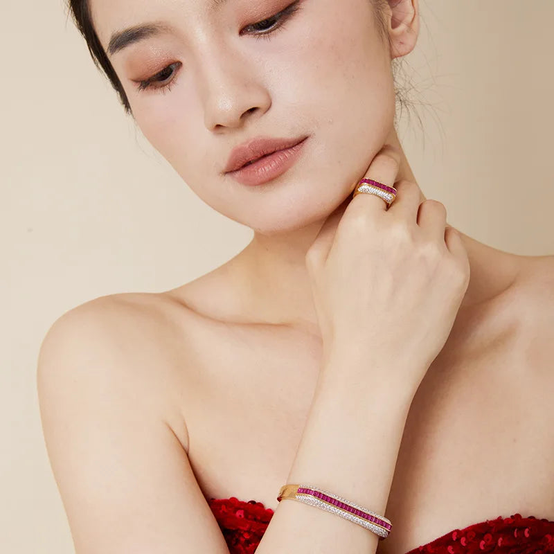 Champagne Plated Straight Shaped Bracelet with Red Zircon Plating High-End Fashionable Jewelry Accessories Men Women Engagement