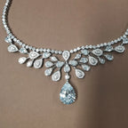 Luxury High-End Women's Water Droplet Blue Diamond Pendant Necklace Trendy Party Accessory Made of Brass with Cubic Zirconia