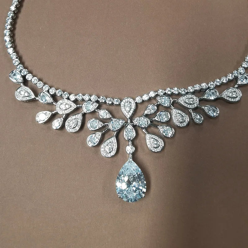 Luxury High-End Women's Water Droplet Blue Diamond Pendant Necklace Trendy Party Accessory Made of Brass with Cubic Zirconia