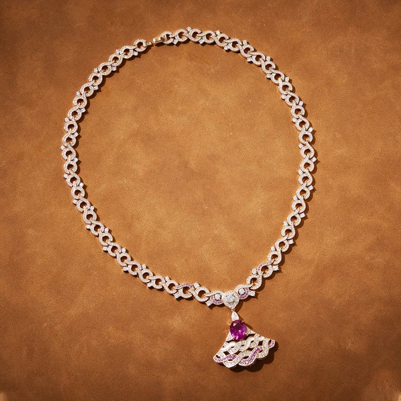 Champagne Plated Pink Fan Pendant Necklace Exquisite Fashionable Necklace for Wedding Party Charming Bride Girlfriend Gift