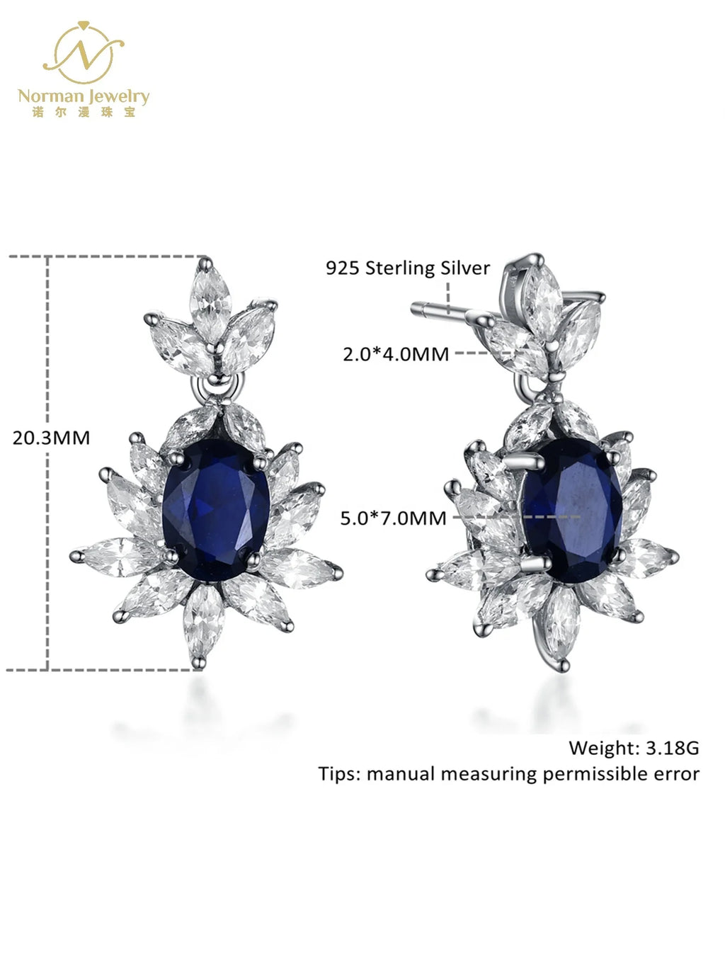 Luxury Gemstone Jewelry White Gold Natural Unheated Cornflower Sapphire Wedding Earrings