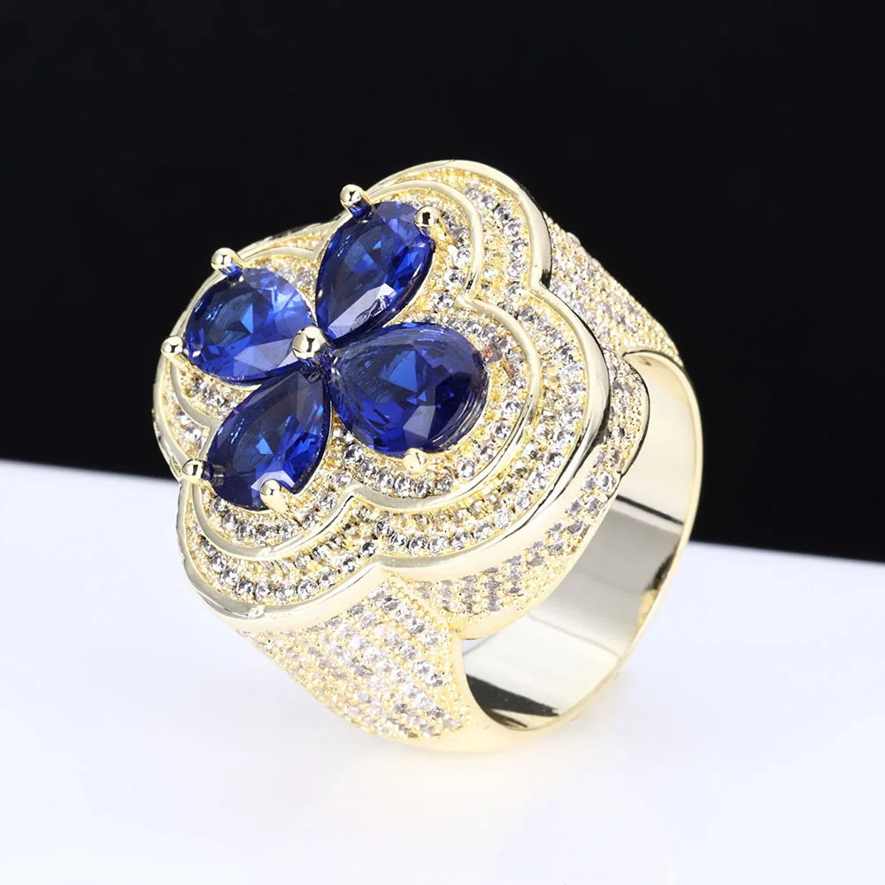Blue Gemstone Flower Shape Rings White Gold Plated Hip Hop Style Iced Four Leaf Diamond Ring for Women Made Brass for Engagement