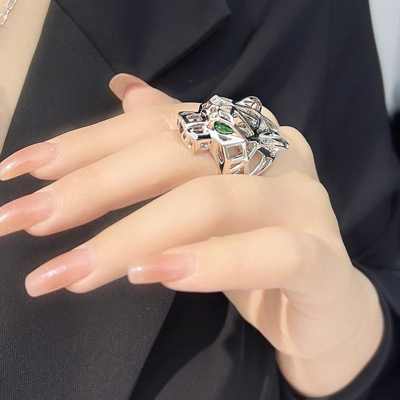 Women's Trendy Gold-Plated Brass Leopard Zircon Ring Creative Fashion Tarnish-Free Jewelry with Bezel Setting Inlay