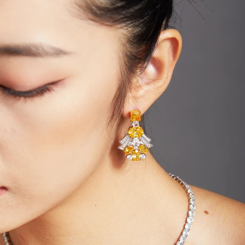 18K Gold-Plated European American Style Yellow Diamond Earrings High-End Luxurious Square Diamonds Medium Long Drop Women's