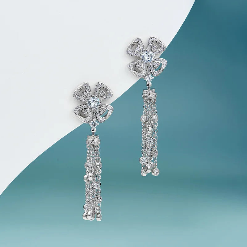 18K Gold Four-Flower Earrings with Full Zircon Inlay Trendy Wedding Attire for High-End Fashion Socialite Evening Parties