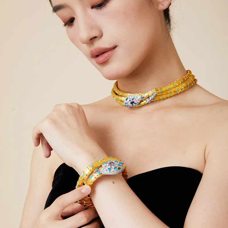 18K Gold Blue Three-Layer Princess Snake Pendant Necklace Luxury Unisex Wedding Engagement Accessory Trendy Brass Zircon Banquet