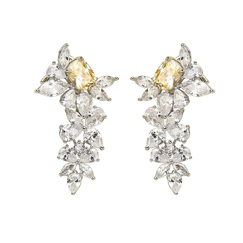 18K Copper Gold-Plated Floral Tassel Earrings Exaggerated Yellow Diamonds Detachable Design Personalized Fashion Drop Earrings
