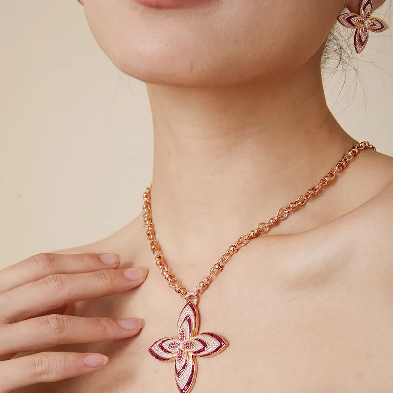 Cute Girl Fashion Versatile Colorful Zircon Flower Necklace for Women's Champagne Plated Long Pendant