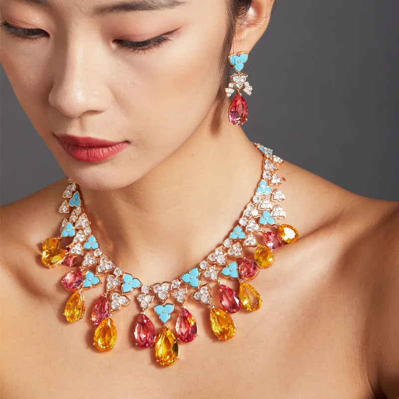 Brass Plated Champagne Gold Exaggerate Sexy Fashion Colorful Evening Dress Necklace Morgan Powder Luxury Jewelry Short Chain