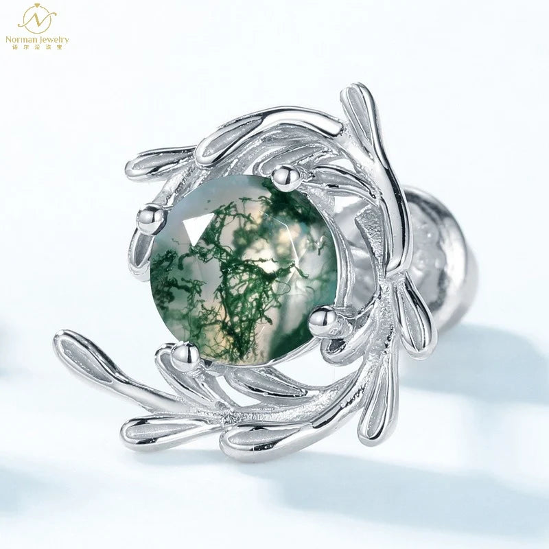 European American Style 925 Silver Cross-Border New Green Moss Stone Fine Stud Earrings Women's Aquatic Plants Agate Gold