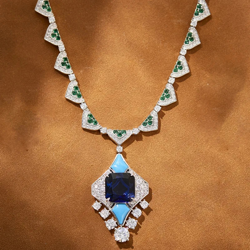 Luxurious Handmade Diamond Necklace Rhodium Plated Original Design Aquamarine Gemstone Collarbone Chain Weddings Red Carpet