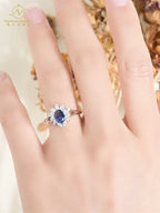 Women's Natural Royal Blue Sapphire Flower Ring Solid Gold Wedding or Engagement Jewelry for Parties