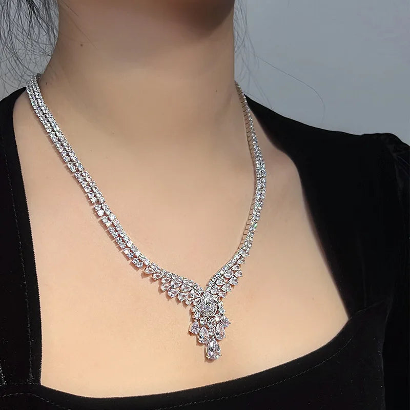 Rhodium Private Custom Fashionable Women's Marquise Shaped Zircon Necklace with a Luxurious Design and Collarbone Chain