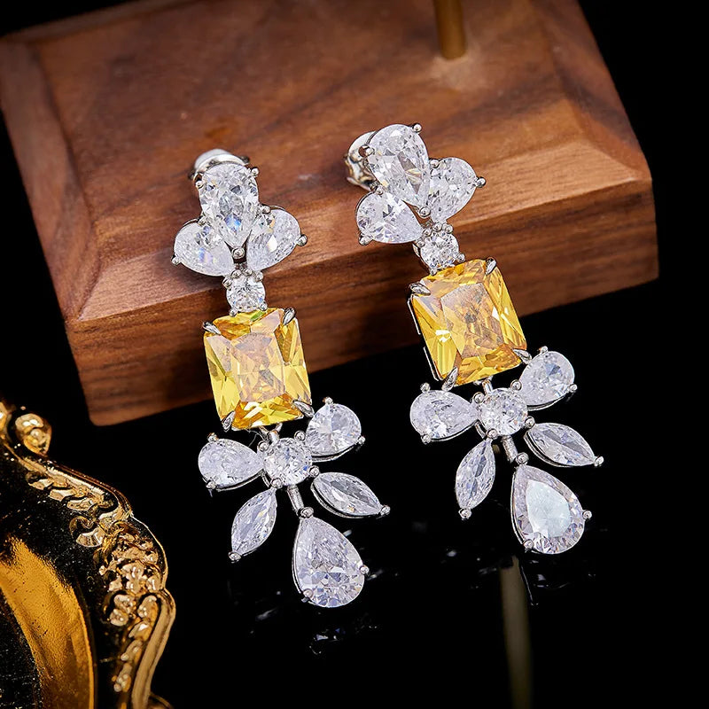 Fashion Handmade 18K White Gold Plated Jewelry Luxury Yellow Diamond Stud Earrings for Women