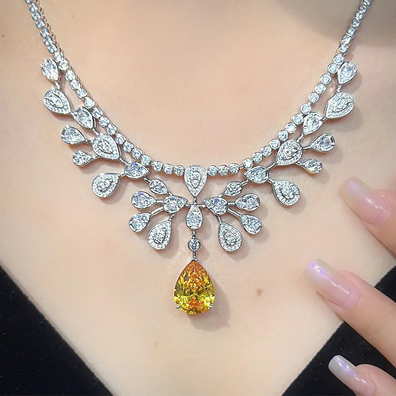 Luxury High-End Women's Water Droplet Blue Diamond Pendant Necklace Trendy Party Accessory Made of Brass with Cubic Zirconia