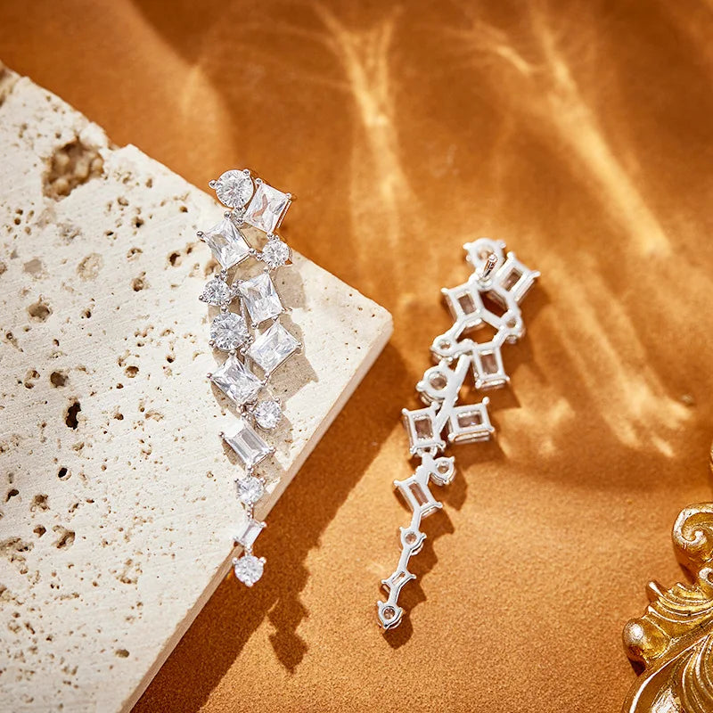 Luxury Copper Gold-Plated Long Square Diamond Pendant Earrings Retro Tassel Design for Socialite Gatherings