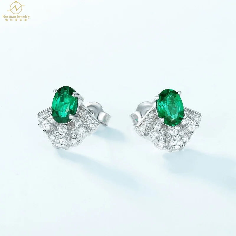 European American Elegant Cross-Border S925 Silver Fine Stud Earrings Cute Fan-Shaped Brilliant Cultivated Emerald Full Set