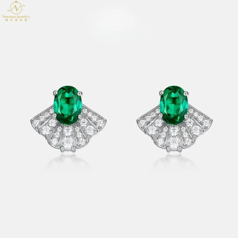 European American Elegant Cross-Border S925 Silver Fine Stud Earrings Cute Fan-Shaped Brilliant Cultivated Emerald Full Set