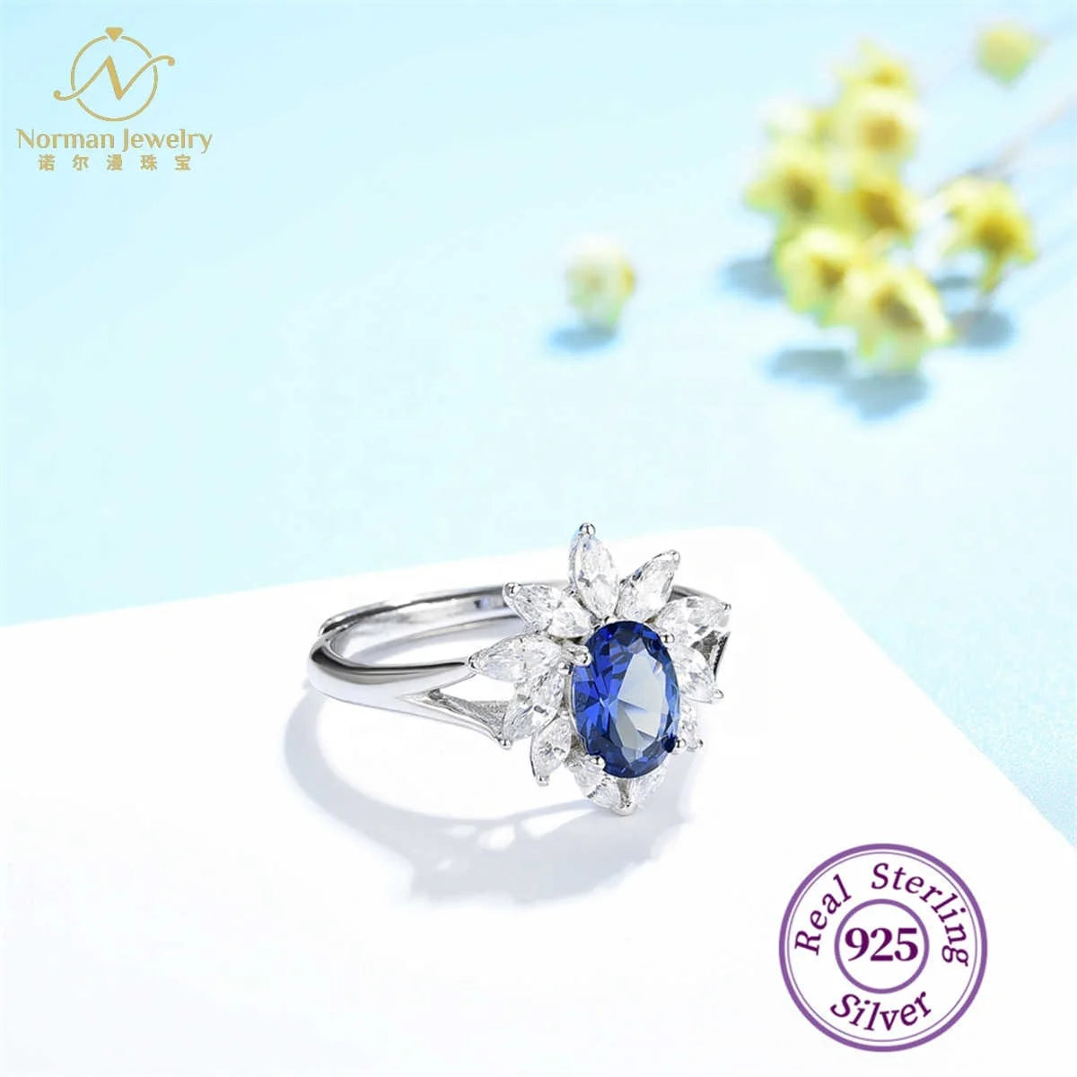 Women's Natural Royal Blue Sapphire Flower Ring Solid Gold Wedding or Engagement Jewelry for Parties