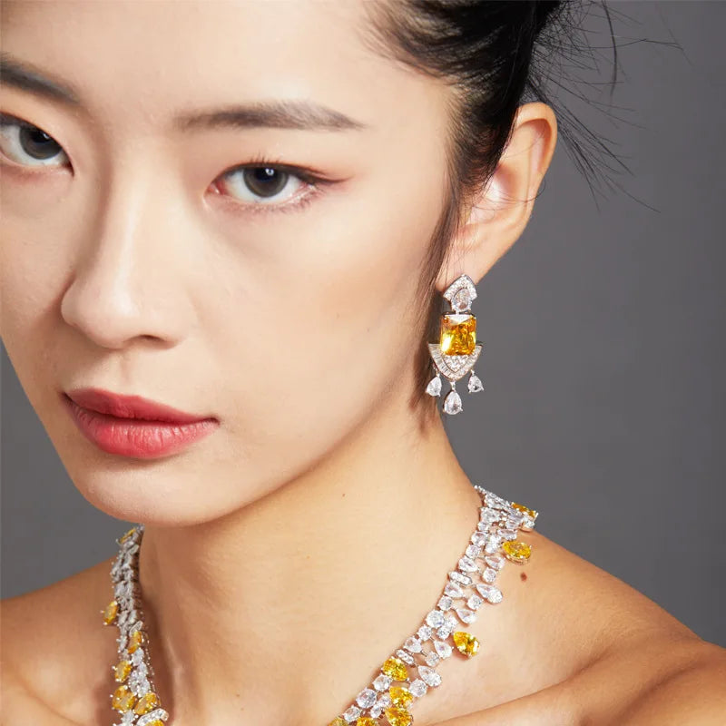 Factory-Designed High-End Yellow Tassel Earrings with Zircon Pearl Diamond Gold Plated on Luxurious Classic Brass for Gifts