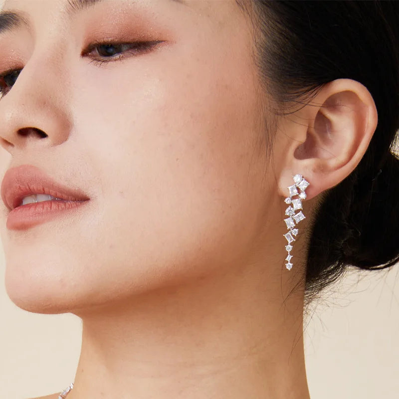 Luxury Copper Gold-Plated Long Square Diamond Pendant Earrings Retro Tassel Design for Socialite Gatherings