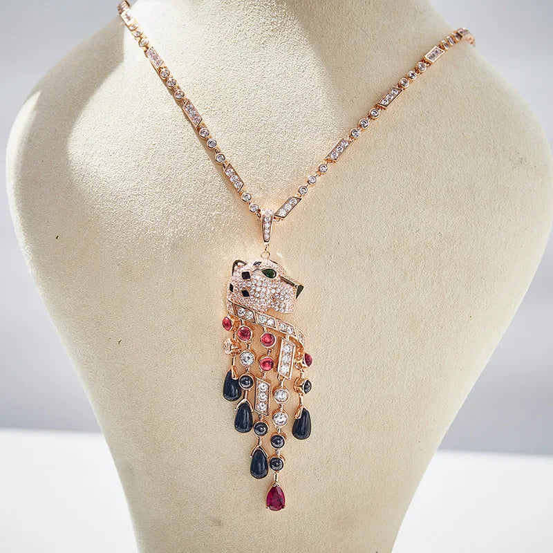 Women's Versatile Trendy Jewelry with Personalized Leopard Design Black Enamel on Brass Champagne & Rhodium Plated Sweater Chain